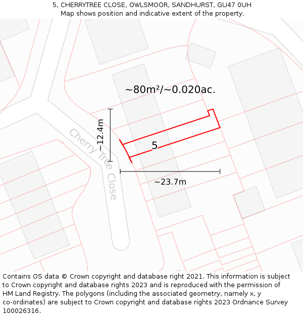 5, CHERRYTREE CLOSE, OWLSMOOR, SANDHURST, GU47 0UH: Plot and title map