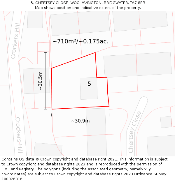 5, CHERTSEY CLOSE, WOOLAVINGTON, BRIDGWATER, TA7 8EB: Plot and title map