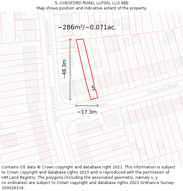 5, CHESFORD ROAD, LUTON, LU2 8BE: Plot and title map