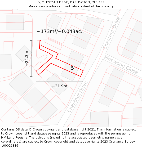5, CHESTNUT DRIVE, DARLINGTON, DL1 4RR: Plot and title map