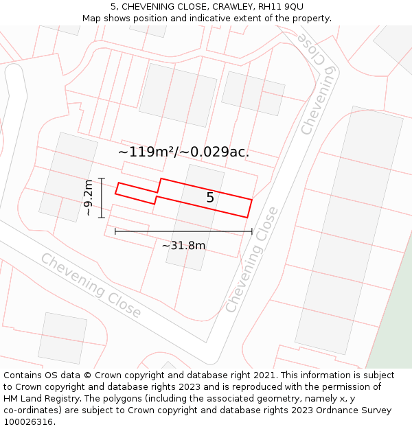 5, CHEVENING CLOSE, CRAWLEY, RH11 9QU: Plot and title map