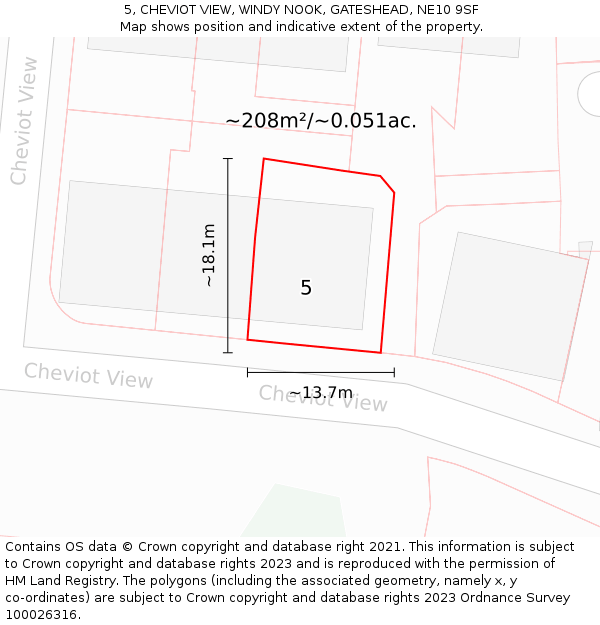 5, CHEVIOT VIEW, WINDY NOOK, GATESHEAD, NE10 9SF: Plot and title map