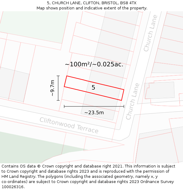 5, CHURCH LANE, CLIFTON, BRISTOL, BS8 4TX: Plot and title map
