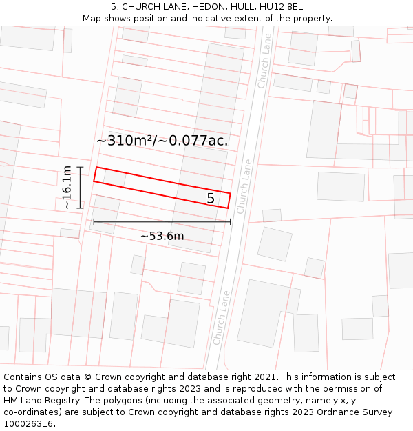 5, CHURCH LANE, HEDON, HULL, HU12 8EL: Plot and title map