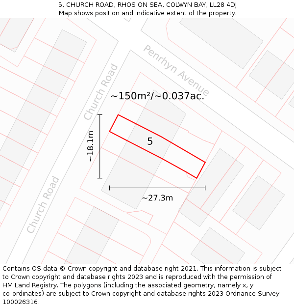 5, CHURCH ROAD, RHOS ON SEA, COLWYN BAY, LL28 4DJ: Plot and title map