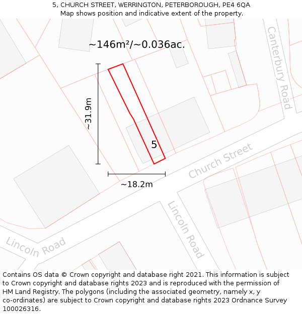 5, CHURCH STREET, WERRINGTON, PETERBOROUGH, PE4 6QA: Plot and title map