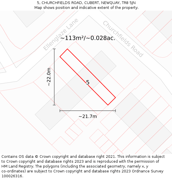 5, CHURCHFIELDS ROAD, CUBERT, NEWQUAY, TR8 5JN: Plot and title map