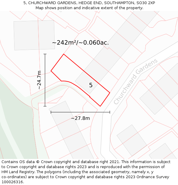 5, CHURCHWARD GARDENS, HEDGE END, SOUTHAMPTON, SO30 2XP: Plot and title map