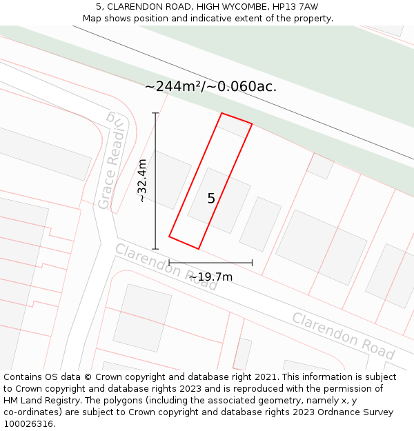 5, CLARENDON ROAD, HIGH WYCOMBE, HP13 7AW: Plot and title map
