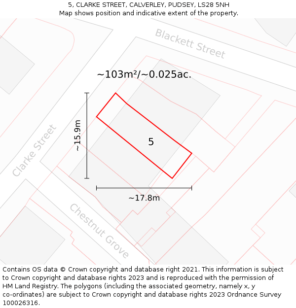 5, CLARKE STREET, CALVERLEY, PUDSEY, LS28 5NH: Plot and title map