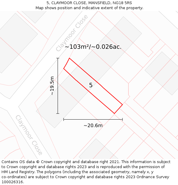 5, CLAYMOOR CLOSE, MANSFIELD, NG18 5RS: Plot and title map