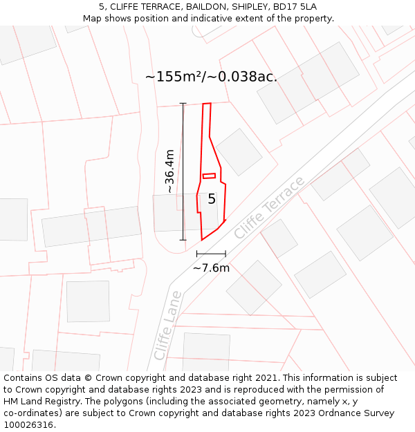 5, CLIFFE TERRACE, BAILDON, SHIPLEY, BD17 5LA: Plot and title map