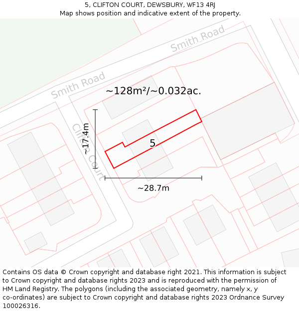5, CLIFTON COURT, DEWSBURY, WF13 4RJ: Plot and title map