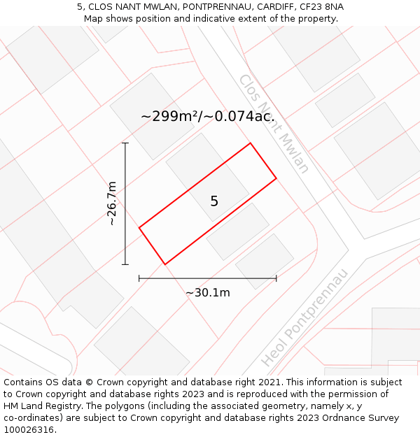 5, CLOS NANT MWLAN, PONTPRENNAU, CARDIFF, CF23 8NA: Plot and title map