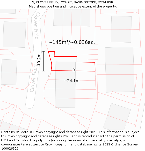 5, CLOVER FIELD, LYCHPIT, BASINGSTOKE, RG24 8SR: Plot and title map