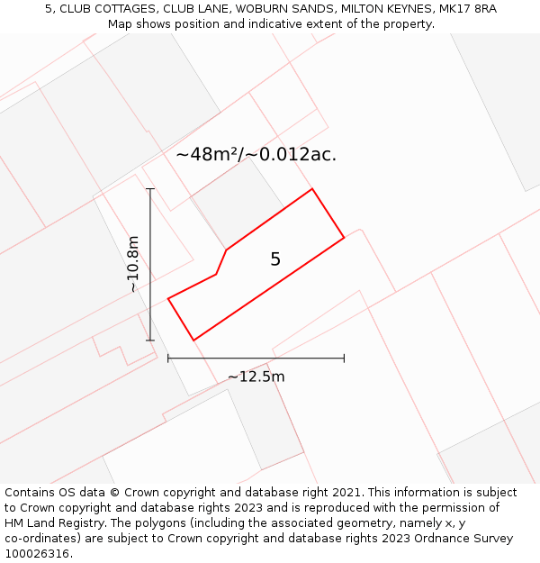5, CLUB COTTAGES, CLUB LANE, WOBURN SANDS, MILTON KEYNES, MK17 8RA: Plot and title map