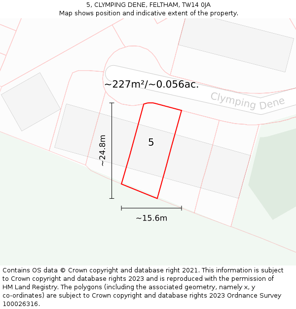 5, CLYMPING DENE, FELTHAM, TW14 0JA: Plot and title map