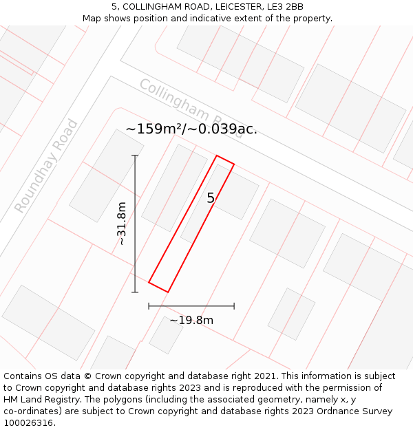 5, COLLINGHAM ROAD, LEICESTER, LE3 2BB: Plot and title map