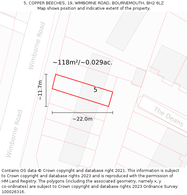 5, COPPER BEECHES, 19, WIMBORNE ROAD, BOURNEMOUTH, BH2 6LZ: Plot and title map