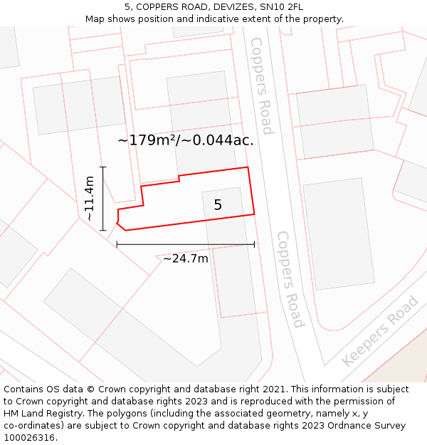 5, COPPERS ROAD, DEVIZES, SN10 2FL: Plot and title map