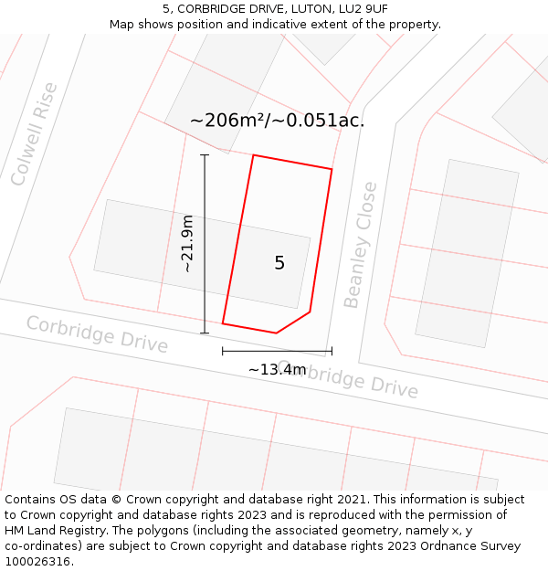 5, CORBRIDGE DRIVE, LUTON, LU2 9UF: Plot and title map