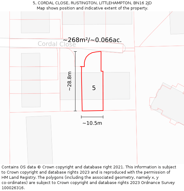 5, CORDAL CLOSE, RUSTINGTON, LITTLEHAMPTON, BN16 2JD: Plot and title map