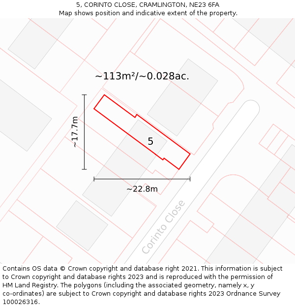5, CORINTO CLOSE, CRAMLINGTON, NE23 6FA: Plot and title map