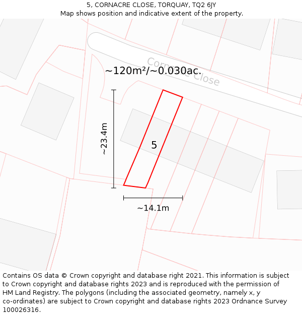 5, CORNACRE CLOSE, TORQUAY, TQ2 6JY: Plot and title map