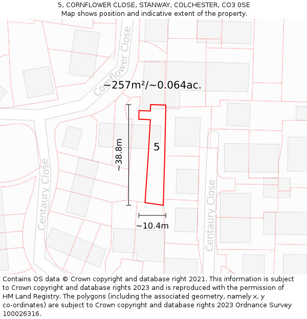 5, CORNFLOWER CLOSE, STANWAY, COLCHESTER, CO3 0SE: Plot and title map