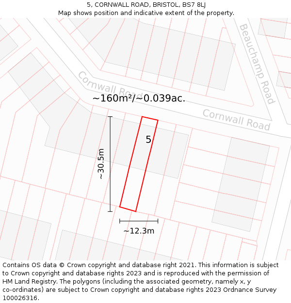 5, CORNWALL ROAD, BRISTOL, BS7 8LJ: Plot and title map