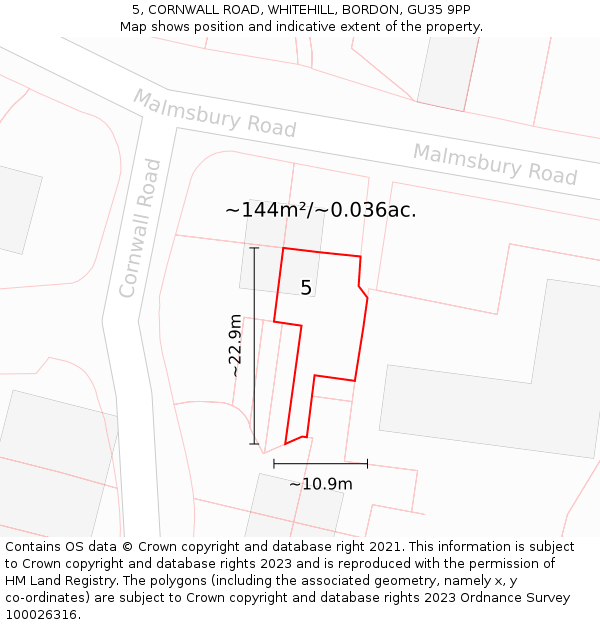 5, CORNWALL ROAD, WHITEHILL, BORDON, GU35 9PP: Plot and title map