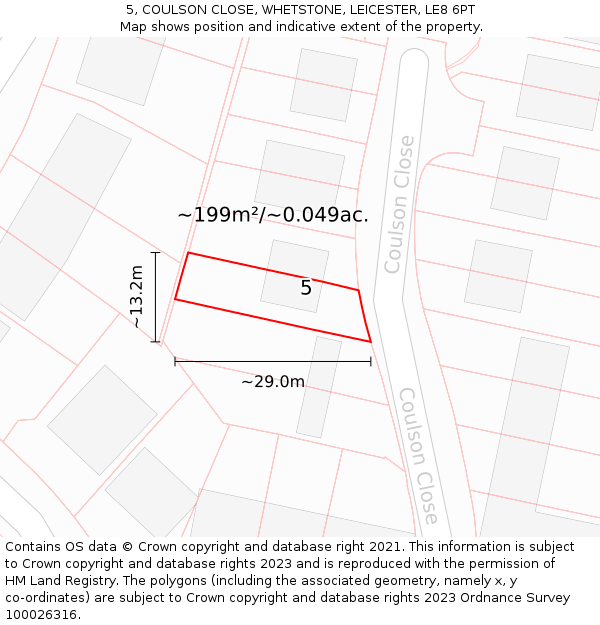 5, COULSON CLOSE, WHETSTONE, LEICESTER, LE8 6PT: Plot and title map