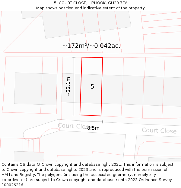 5, COURT CLOSE, LIPHOOK, GU30 7EA: Plot and title map