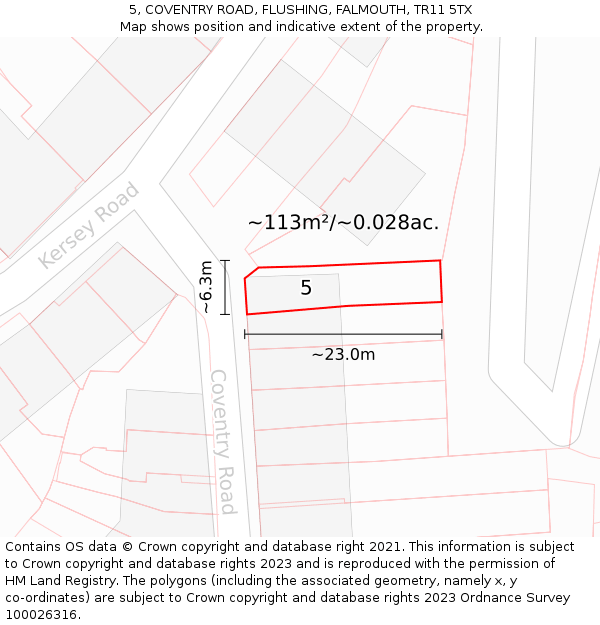 5, COVENTRY ROAD, FLUSHING, FALMOUTH, TR11 5TX: Plot and title map