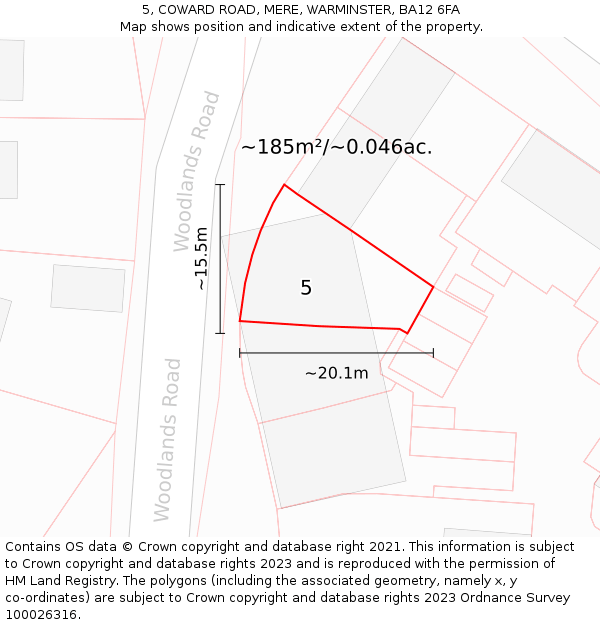 5, COWARD ROAD, MERE, WARMINSTER, BA12 6FA: Plot and title map