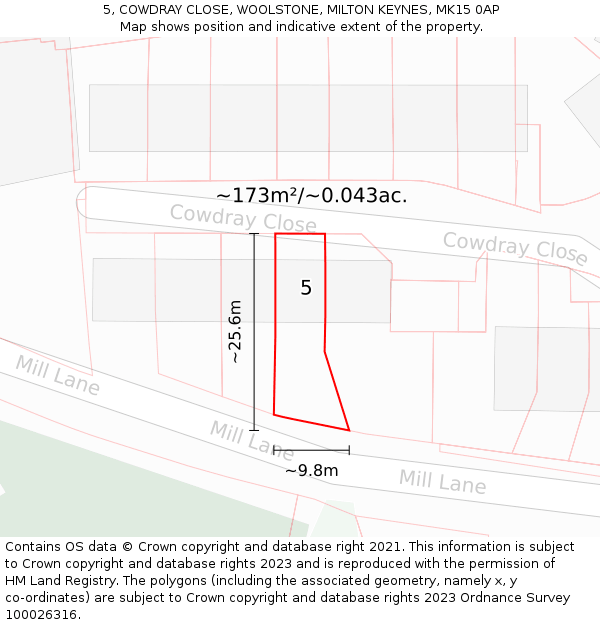 5, COWDRAY CLOSE, WOOLSTONE, MILTON KEYNES, MK15 0AP: Plot and title map