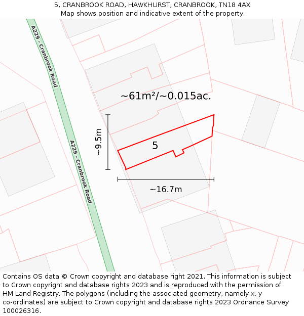 5, CRANBROOK ROAD, HAWKHURST, CRANBROOK, TN18 4AX: Plot and title map