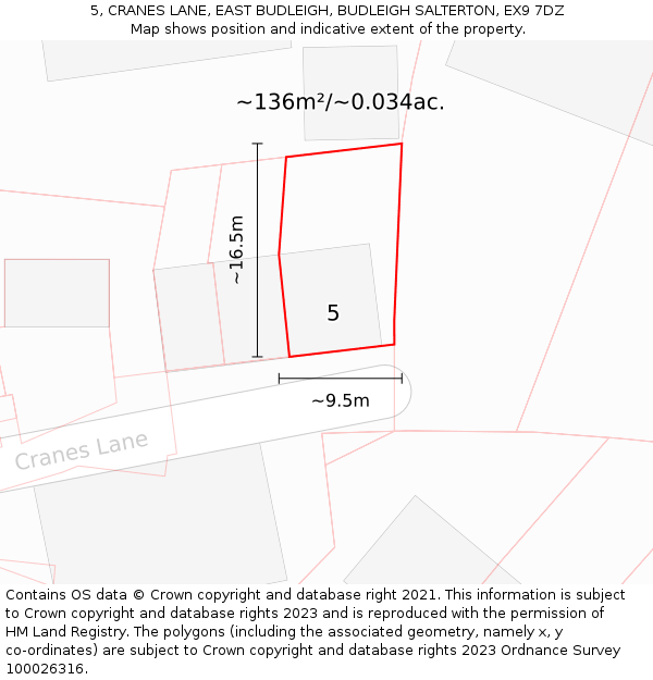 5, CRANES LANE, EAST BUDLEIGH, BUDLEIGH SALTERTON, EX9 7DZ: Plot and title map