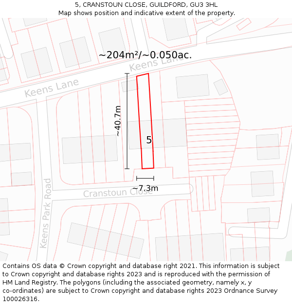 5, CRANSTOUN CLOSE, GUILDFORD, GU3 3HL: Plot and title map