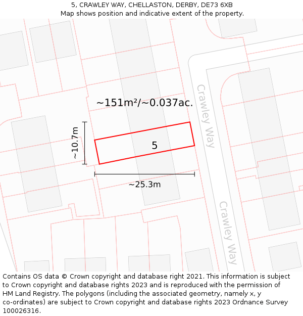 5, CRAWLEY WAY, CHELLASTON, DERBY, DE73 6XB: Plot and title map