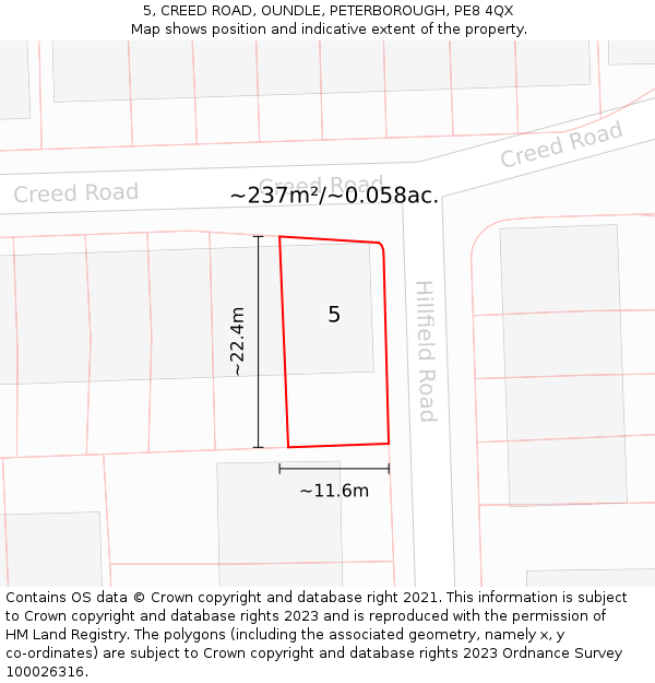 5, CREED ROAD, OUNDLE, PETERBOROUGH, PE8 4QX: Plot and title map