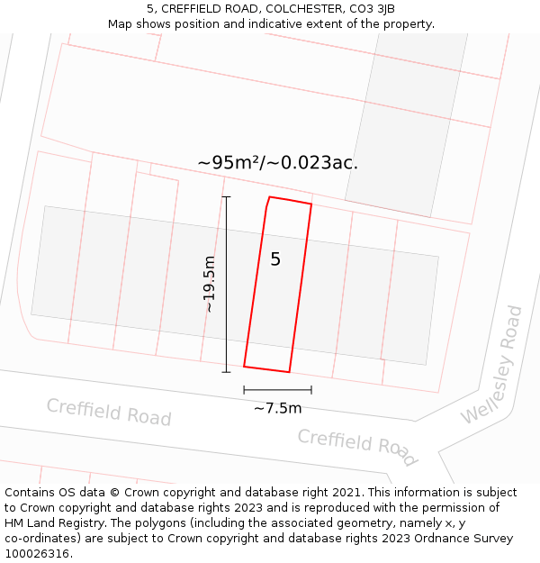 5, CREFFIELD ROAD, COLCHESTER, CO3 3JB: Plot and title map