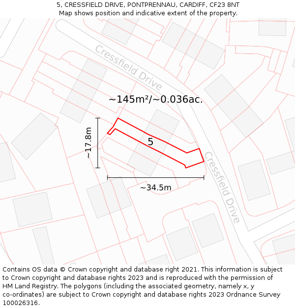 5, CRESSFIELD DRIVE, PONTPRENNAU, CARDIFF, CF23 8NT: Plot and title map