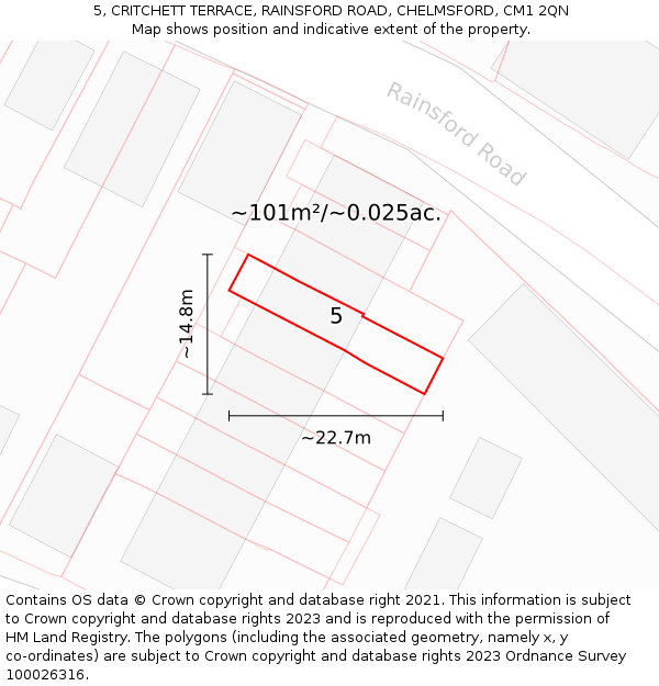 5, CRITCHETT TERRACE, RAINSFORD ROAD, CHELMSFORD, CM1 2QN: Plot and title map