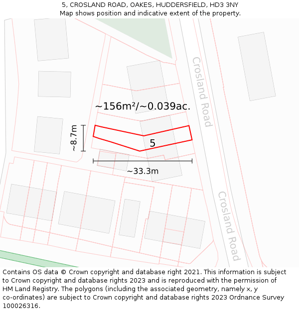 5, CROSLAND ROAD, OAKES, HUDDERSFIELD, HD3 3NY: Plot and title map