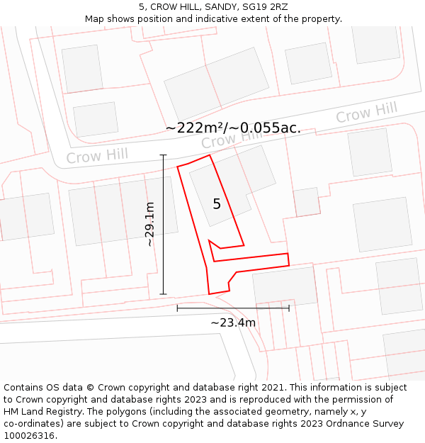 5, CROW HILL, SANDY, SG19 2RZ: Plot and title map