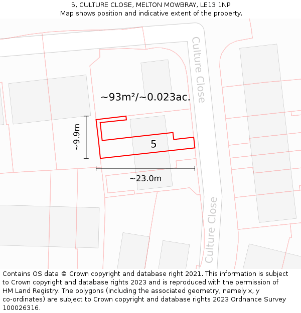 5, CULTURE CLOSE, MELTON MOWBRAY, LE13 1NP: Plot and title map