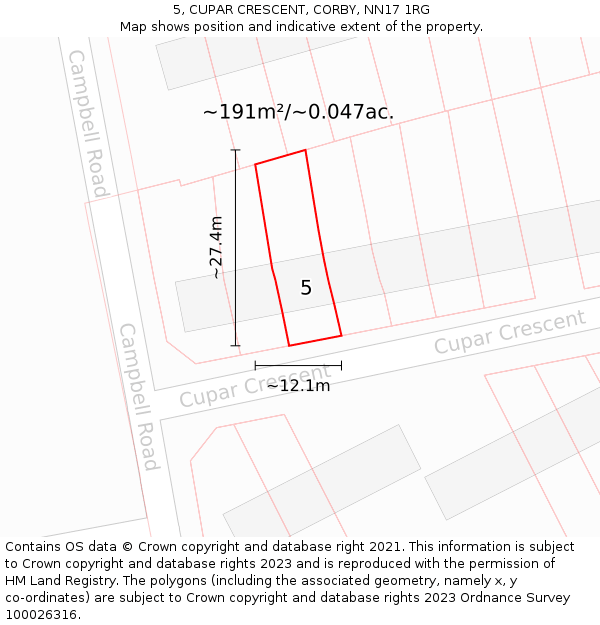 5, CUPAR CRESCENT, CORBY, NN17 1RG: Plot and title map