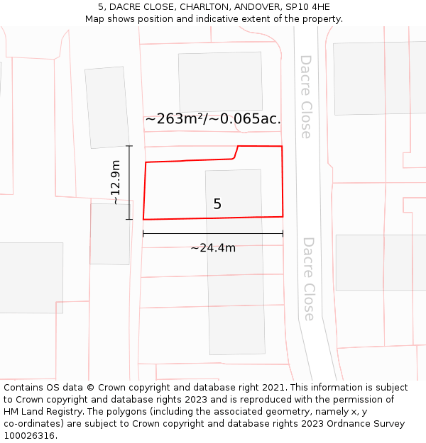 5, DACRE CLOSE, CHARLTON, ANDOVER, SP10 4HE: Plot and title map