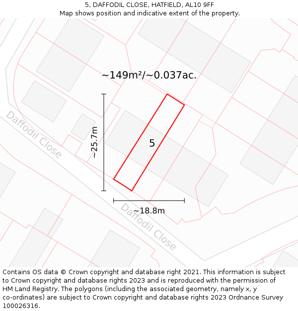 5, DAFFODIL CLOSE, HATFIELD, AL10 9FF: Plot and title map